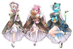 3girls animal_ears asymmetrical_legwear bare_shoulders black_footwear black_kimono blue_eyes blue_hair breasts brown_kimono chitetan commentary_request copyright_request covered_mouth double_bun fake_animal_ears floral_print folding_fan green_eyes grey_hair hair_bun hand_fan holding holding_fan japanese_clothes kimono large_breasts long_sleeves loose_socks multicolored_hair multiple_girls off_shoulder orange_hair pink_hair print_kimono rabbit_ears red_eyes sandals simple_background single_thighhigh socks standing standing_on_one_leg streaked_hair tail thighhighs virtual_youtuber white_background white_socks white_thighhighs wide_sleeves zouri