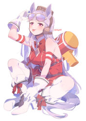 Rule 34 | 1girl, animal ears, armband, bare shoulders, blush, breasts, brown headwear, commentary request, crossed legs, dress, fold-over boots, gloves, gold ship (run revolt launcher) (umamusume), gold ship (umamusume), grey hair, highres, horse ears, horse girl, horse tail, medium breasts, pantyhose, paru rari, pillbox hat, pink eyes, red dress, simple background, sitting, solo, sunglasses, tail, tongue, tongue out, umamusume, water gun, white background, white footwear, white gloves, white pantyhose