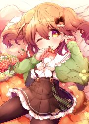 Rule 34 | 1girl, animal ears, arm up, basket, black bow, black pantyhose, blush, bone hair ornament, bow, brown hair, brown skirt, cherry, commentary request, dog ears, dog girl, dog tail, fingernails, food, fruit, green jacket, hair between eyes, hair bow, hair ornament, hand up, haru ichigo, highres, holding, holding food, jacket, long hair, long sleeves, looking at viewer, original, pantyhose, parted lips, pillow, pleated skirt, purple eyes, shirt, skirt, sleeves past wrists, solo, suspender skirt, suspenders, tail, tongue, tongue out, two side up, white bow, white shirt, x hair ornament