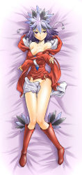 Rule 34 | 1girl, bare shoulders, bed, bed sheet, blush, boots, breasts, censored, cleavage, collarbone, convenient censoring, crossed arms, dakimakura (medium), devil survivor, expressionless, feathers, female focus, fingernails, full body, groin, hair ornament, headdress, highres, hood, hoodie, knee boots, knees, knees together feet apart, kuzuryuu amane, large breasts, legs, long fingernails, long image, long sleeves, looking at viewer, lying, no panties, on back, purple eyes, purple hair, red footwear, red legwear, segami daisuke, shiny skin, short hair, sleeves past wrists, solo, tall image, the bed, thighs