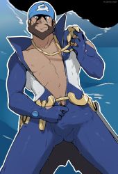 Rule 34 | 1boy, anchor necklace, archie (pokemon), bandana, bara, beard, belt, black eyes, blue bandana, blue bodysuit, bodysuit, brown hair, bulge, chain belt, closed mouth, commentary, creatures (company), dark-skinned male, dark skin, diving suit, english commentary, erection, erection under clothes, facial hair, game freak, hand on own hip, hand up, highres, holding, jewelry, logo, male focus, male pubic hair, mugheyart, multicolored bodysuit, multicolored clothes, mustache, necklace, nintendo, nipples, pokemon, pokemon oras, pubic hair, short hair, smile, solo, team aqua, thighs, torn bodysuit, torn clothes, waist cape, wetsuit, white bodysuit, yellow belt