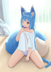 Rule 34 | absurdres, animal ear fluff, animal ears, bare shoulders, between legs, blue hair, blue panties, blue shirt, collarbone, crying, cumianjun, fox ears, fox girl, fox tail, hand between legs, hand up, highres, long hair, looking at viewer, off shoulder, one eye closed, original, panties, parted lips, red eyes, shirt, shirt hold, short sleeves, sitting, solo, tail, tears, twintails, underwear, very long hair, wariza