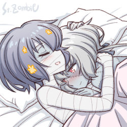 Rule 34 | 2girls, artist name, bandages, bed sheet, blue hair, blue skin, blush, closed mouth, colored skin, cover, closed eyes, hair ornament, hug, konno junko, long hair, lying, mizuno ai, multiple girls, on back, on side, open mouth, pillow, red eyes, scar, short hair, smile, studiozombie, yuri, zombie, zombie land saga