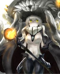 Rule 34 | 10s, 1girl, black gloves, bodysuit, gloves, kantai collection, long hair, personification, rinrin (927413), silver hair, solo, staff, teeth, tentacles, wo-class aircraft carrier, yellow eyes