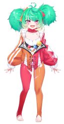 Rule 34 | 1girl, absurdres, ahoge, blue nails, blush, bow, choker, clothing cutout, clown, coni confetti, double bun, facial mark, flat chest, frilled choker, frilled sleeves, frills, full body, gradient hair, green hair, hair bun, hair ribbon, heart, heart ahoge, highres, idol corp, jacket, multicolored clothes, multicolored hair, multicolored jacket, multicolored legwear, navel, navel cutout, official art, orange bow, pantyhose, pink eyes, puffy sleeves, red bow, red choker, ribbon, sharp teeth, skindentation, smile, solo, stirrup legwear, tachi-e, teeth, thighs, toeless legwear, torn clothes, torn pantyhose, two-tone hair, utsusumi kio, virtual youtuber