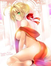 Rule 34 | 10s, 1girl, ahoge, barefoot, blonde hair, blush, breasts, closed mouth, fate/extra, fate (series), from side, green eyes, hair intakes, hair ribbon, large breasts, looking at viewer, looking to the side, maki (seventh heaven maxion), nero claudius (fate), nero claudius (fate) (all), nero claudius (fate/extra), nude, official alternate costume, ribbon, smile, solo, type-moon