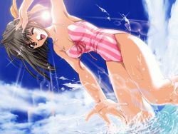 Rule 34 | 1990s (style), 1girl, ;d, arm up, armpits, beach, black hair, blush, breasts, brown eyes, brown hair, casual one-piece swimsuit, cloud, collarbone, day, dutch angle, enomoto tsukasa, from side, front-tie top, game cg, hair ribbon, happy, jpeg artifacts, lens flare, light rays, looking at viewer, medium breasts, mitsumi misato, one-piece swimsuit, one eye closed, open mouth, orange ribbon, outdoors, pia carrot (series), pia carrot e youkoso!!, pia carrot e youkoso!! 2, pink one-piece swimsuit, retro artstyle, ribbon, shading eyes, short hair, sky, smile, solo, splashing, standing, striped clothes, striped one-piece swimsuit, sun, sunbeam, sunlight, swimsuit, thighs, vertical-striped clothes, vertical-striped one-piece swimsuit, wading, water, wink