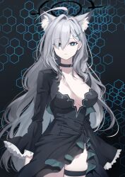 Rule 34 | 1girl, absurdres, animal ear fluff, animal ears, black background, black choker, black dress, blue archive, blue eyes, breasts, broken halo, choker, cleavage, collarbone, commentary request, dress, goyain, grey hair, hair over one eye, halo, highres, honeycomb (pattern), honeycomb background, large breasts, long bangs, long hair, long sleeves, looking at viewer, mismatched pupils, shiroko (blue archive), shiroko terror (blue archive), side slit, sidelocks, simple background, solo, thighlet, wide sleeves, wolf ears, wolf girl