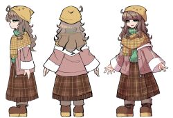 Rule 34 | 1boy, a.i. voice, blunt bangs, brown hair, brown skirt, character sheet, coat, full body, fun bo, green eyes, green sweater, kurita maron, long hair, long sleeves, looking at viewer, niconico, official art, open mouth, pink coat, simple background, skirt, smile, standing, sweater, thick eyebrows, trap, white background, wide sleeves, yellow headwear