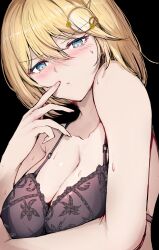 Rule 34 | 1girl, arm under breasts, bare shoulders, black bra, black eyeliner, blonde hair, blue eyes, blush, bob cut, bra, breasts, cleavage, collarbone, expressionless, eyelashes, eyeliner, finger to mouth, flustered, hair ornament, highres, hololive, hololive english, large breasts, looking at viewer, magnifying glass, makeup, sak1 01, short hair, solo, sweat, sweatdrop, swept bangs, underwear, virtual youtuber, watson amelia