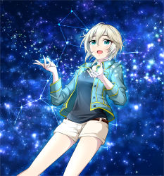 Rule 34 | 10s, 1girl, anastasia (idolmaster), belt, blue eyes, constellation, earrings, galaxy, highres, idolmaster, idolmaster cinderella girls, jacket, jewelry, looking up, milky way, night, night sky, official style, open mouth, popon ta, short hair, shorts, silver hair, sky, smile, solo, star (sky), starry sky