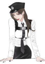 Rule 34 | 1girl, absurdres, animification, black nails, black necktie, black skirt, breasts, brown eyes, brown hair, chest harness, collared shirt, commentary, hair behind ear, harness, hat, highres, jiangkang meizi, k-pop, licking lips, long hair, medium breasts, nail polish, necktie, police hat, prada (brand), real life, sana (twice), shirt, skirt, solo, symbol-only commentary, tongue, tongue out, twice (group), white background