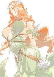 Rule 34 | 1girl, armlet, breasts, circlet, dress, feather hair ornament, feathers, final fantasy, final fantasy xiv, from side, green dress, hair ornament, highres, large breasts, long hair, nophica, ogata tomio, orange hair, profile, simple background, solo, underboob, white background, yellow eyes