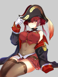 Rule 34 | 1girl, ascot, belt, bicorne, black jacket, blush, breasts, brown belt, brown thighhighs, epaulettes, eyepatch, gloves, grey background, hair between eyes, hair ribbon, hat, hololive, houshou marine, jacket, jewelry, kukumomo, large breasts, leotard, off shoulder, pirate hat, pleated skirt, red ascot, red eyes, red hair, red ribbon, red skirt, ribbon, see-through, see-through leotard, simple background, sitting, skirt, solo, thighhighs, twintails, virtual youtuber, white gloves