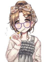 Rule 34 | 1girl, bow, bow hairband, brown hair, brushing teeth, camisole, fur jacket, glasses, hair bow, hair bun, hair ornament, hairband, hairclip, highres, holding, holding toothbrush, ichikawa hinana, idolmaster, idolmaster shiny colors, jacket, nightgown, off shoulder, purple-framed eyewear, sasasasa, simple background, single off shoulder, solo, sound effects, toothbrush, upper body, white background, yellow eyes