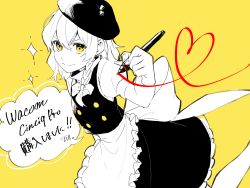 Rule 34 | 1girl, apron, arm up, artist name, bad id, bad pixiv id, black dress, black hat, bow, braid, brush, buttons, closed mouth, dress, hair between eyes, hair bow, hand up, hat, heart, highres, jill 07km, kirisame marisa, looking at viewer, puffy short sleeves, puffy sleeves, short hair, short sleeves, single braid, smile, solo, star (symbol), touhou, white apron, white bow, white hair, white sleeves, yellow background, yellow eyes