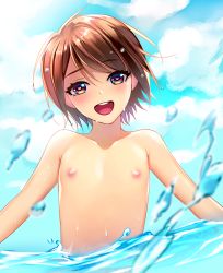 Rule 34 | 1boy, :d, backlighting, bad id, bad pixiv id, beautiful-shinigami, blue sky, blush, brown hair, cloud, collarbone, day, dripping, hair between eyes, head tilt, heart, looking at viewer, male focus, nipples, open mouth, original, outdoors, partially submerged, shiny skin, sidelocks, sky, smile, solo, swept bangs, topless male, upper body, water, water drop, wet
