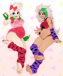 Rule 34 | 2girls, absurdres, barefoot, big belly, blonde hair, blue eyes, bow, breasts, earrings, eyeshadow, feet, female focus, fingerless gloves, fingernails, five nights at freddy&#039;s, five nights at freddy&#039;s: security breach, full body, glamrock chica, gloves, green hair, green nails, hellbrain, highres, humanization, jewelry, large breasts, leg warmers, lipstick, makeup, multicolored hair, multiple girls, nail polish, personification, pregnant, red nails, roxanne wolf (fnaf), soles, sweat, thighhighs, toenail polish, toenails, two-tone hair, yellow eyes