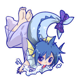 Rule 34 | 1girl, barefoot, blue hair, bubble, blowing bubbles, creatures (company), feet, fins, foaming at the mouth, game freak, gen 1 pokemon, monster girl, nintendo, personification, pokemon, purple eyes, ribbon, seki (red shine), short hair, soles, solo, tail, tail ornament, tail ribbon, toes, vaporeon