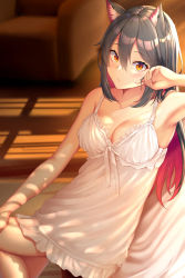 Rule 34 | 1girl, alternate costume, animal ear fluff, animal ears, arknights, armchair, armpits, bare arms, bare shoulders, bencao gangmu (anquan sy), black hair, blush, breasts, brown eyes, chair, chemise, cleavage, collarbone, commentary request, frills, hair between eyes, highres, indoors, long hair, looking at viewer, medium breasts, multicolored hair, red hair, sitting, solo, spaghetti strap, texas (arknights), wolf ears