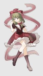 1girl absurdres artist_name bow dress front_ponytail full_body green_eyes green_hair highres kagiyama_hina looking_at_viewer red_bow red_dress red_ribbon ribbon smile solo tachi-e touhou xingguang115