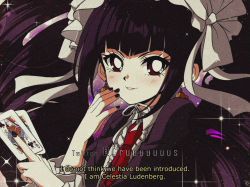 Rule 34 | 1990s (style), 1girl, black hair, black nails, blush, bonnet, card, celestia ludenberg, commentary, criis-chan, danganronpa: trigger happy havoc, danganronpa (series), drill hair, english commentary, english text, fake screenshot, gothic lolita, highres, holding, holding card, lolita fashion, long hair, looking at viewer, nail polish, necktie, playing card, queen (playing card), queen of clubs, red eyes, red necktie, retro artstyle, ribbon, sidelocks, smile, solo, subtitled, twin drills, white ribbon