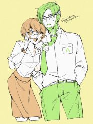 Rule 34 | 1boy, 1girl, apex legends, collared shirt, crypto (apex legends), facial scar, glasses, green eyes, green hair, green necktie, green pants, hand in pocket, highres, leaning forward, limited palette, looking at viewer, mozuwaka, necktie, necktie grab, neckwear grab, orange eyes, orange hair, orange skirt, pants, scar, scar on cheek, scar on face, shirt, short hair, skirt, smile, wattson (apex legends), white shirt, yellow background