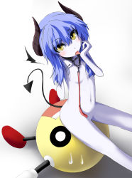 Rule 34 | 1girl, blue hair, blush, collar, demon girl, demon tail, flat chest, grune, horns, leash, licking, licking hand, lilin (grune), long hair, looking at viewer, navel, nude, original, pale skin, sitting, solo, tail, tongue, yellow eyes
