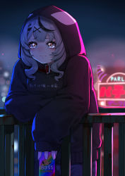 Rule 34 | 1girl, absurdres, against railing, black hair, black hoodie, blurry, blurry background, blush, brown eyes, can, canned coffee, closed mouth, clothes writing, collar, commentary request, drink can, hair ornament, highres, holding, holding can, hololive, hood, hood up, hoodie, la+ darknesss, looking away, mikan (chipstar182), multicolored hair, neon lights, outdoors, railing, red collar, sakamata chloe, silver hair, solo, streaked hair, tearing up, translation request, virtual youtuber, x hair ornament