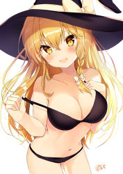 Rule 34 | 1girl, absurdres, aged up, alternate breast size, bare shoulders, bikini, bikini tug, black bikini, black bow, blonde hair, blush, bow, braid, breasts, cleavage, collarbone, hair bow, hand up, hat, hat bow, heart, highres, kirisame marisa, large breasts, long hair, looking at viewer, navel, nenobi (nenorium), open mouth, side braid, sidelocks, signature, simple background, smile, solo, stomach, swimsuit, touhou, white background, witch hat, yellow eyes