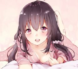 Rule 34 | 1girl, :d, ahoge, black hair, blush, breasts, collarbone, crossed bangs, futon, hair ornament, hair scrunchie, japanese clothes, kimono, lips, long hair, looking at viewer, low twintails, lying, manatsuki manata, no bra, on stomach, open mouth, original, pink kimono, purple eyes, scrunchie, sidelocks, small breasts, smile, solo, teeth, twintails, wide sleeves