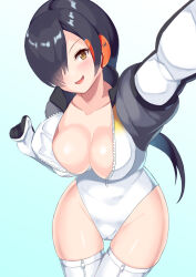 Rule 34 | 1girl, arm up, black hair, blush, breasts, brown eyes, collarbone, elbow gloves, foreshortening, gloves, groin, hair over one eye, hand up, head tilt, headphones, high collar, highleg, highleg leotard, highres, kemono friends, king penguin (kemono friends), large breasts, leotard, long bangs, long hair, multicolored hair, no bra, orange hair, outstretched arm, parted bangs, parted lips, partially unzipped, sawara noa, smile, solo, thigh gap, thighhighs, very long hair, zipper, zipper pull tab