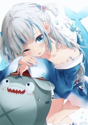 Rule 34 | 1girl, animal hood, arm rest, bloop (gawr gura), blue eyes, blue hair, blue hoodie, blue nails, blush, commentary, dared, english commentary, fins, fish tail, gawr gura, hair ornament, highres, hololive, hololive english, hood, hoodie, long hair, looking at viewer, multicolored hair, nail polish, off shoulder, one eye closed, open mouth, own hands together, shark hair ornament, shark hood, shark tail, sharp teeth, short twintails, silver hair, simple background, streaked hair, sweatdrop, tail, teeth, timo wei95, twintails, twitter username, two side up, virtual youtuber, water drop, white background