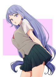 Rule 34 | 1girl, :o, arms behind back, bad id, bad pixiv id, black skirt, blue eyes, blue hair, boku no hero academia, breasts, commentary request, drill hair, from below, hadou nejire, hanamame, highres, large breasts, light blue hair, long hair, looking at viewer, pleated skirt, school uniform, shirt, short sleeves, simple background, skirt, solo, sweater vest, teeth, upper teeth only, very long hair, white shirt