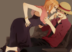 Rule 34 | 1boy, 1girl, bangle, black hair, bracelet, grabbing another&#039;s breast, breasts, dress, grabbing, hat, hetero, jewelry, karuha, large breasts, log pose, monkey d. luffy, nami (one piece), necktie, one piece, one piece: strong world, orange hair, scar, scarf, straw hat
