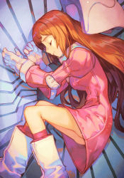 Rule 34 | 1girl, boots, brain powered, closed mouth, dress, feet out of frame, from above, gloves, hands up, hungry clicker, juliet sleeves, long hair, long sleeves, lying, on side, orange hair, pink dress, puffy sleeves, sleeping, smile, solo, utsumiya hime, white footwear, white gloves