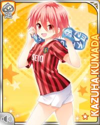 1girl card_(medium) character_name collarbone earrings girlfriend_(kari) jewelry kumada_kazuha looking_at_viewer matching_hair/eyes official_art open_mouth qp:flapper red_eyes red_hair red_shirt shirt short_hair shorts smile soccer_uniform sportswear striped_clothes striped_shirt tagme white_shorts yellow_background