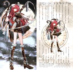Rule 34 | 1girl, bad id, bad pixiv id, black dress, boots, clock, coif, constellation, cross, dress, english text, long hair, long sleeves, looking at viewer, original, own hands together, pamphlet, pointing, qtonagi, red eyes, red hair, runes, signature, solo, standing, thighs