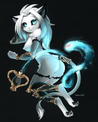 Rule 34 | 1girl, animal ears, ass, black sclera, blue eyes, breasts, colored sclera, furry, furry female, ghost, gold trim, highres, jewelry, kameloh, nipples, spirit, tail, tail ornament, twokinds, vambraces, webcomic, white hair, willow wisp