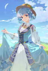 Rule 34 | 1girl, absurdres, ayaka (genshin impact), blue dress, blue eyes, blue hair, blue sky, blunt bangs, blunt tresses, brown hat, butterfly ring, cloud, commentary request, day, dress, feet out of frame, flower, genshin impact, hair flower, hair ornament, hat, highres, kamisato ayaka, kamisato ayaka (springbloom missive), light blue hair, long sleeves, looking at viewer, medium hair, mole, mole under eye, neck tassel, official alternate costume, outdoors, skirt hold, sky, solo, split mouth, two-tone dress, white dress, white flower, yazawa yuki