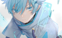 Rule 34 | 1boy, absurdres, blue eyes, blue hair, chongyun (genshin impact), close-up, closed mouth, commentary request, eyelashes, genshin impact, highres, hood, hoodie, leaning forward, light blue hair, looking at viewer, male focus, nakura hakuto, serious, short hair, simple background, slit pupils, solo, talisman, white background, white hoodie