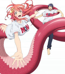 Rule 34 | 10s, 1boy, 1girl, :d, barefoot, black hair, blank eyes, bottomless, breasts, clothes writing, eyecatch, fangs, hair ornament, hairclip, highres, kurusu kimihito, lamia, large breasts, long hair, miia (monster musume), monster girl, monster musume no iru nichijou, open mouth, pointy ears, red hair, scales, shirt, simple background, slit pupils, smile, t-shirt, white background, yellow eyes