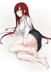 Rule 34 | 1girl, absurdres, bad id, bad pixiv id, black skirt, collared shirt, dijiuchenxi, green eyes, highres, office lady, pencil skirt, red hair, shirt, skirt, solo, thighs, white background, white shirt