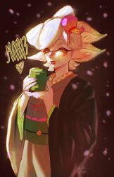 Rule 34 | 1girl, bonbondecitron, bow-shaped hair, character name, closed mouth, commentary, cup, english commentary, eyelashes, grey hair, heart, highres, holding, holding cup, inkling, japanese clothes, kimono, looking at viewer, marie (splatoon), mole, mole under eye, nintendo, pointy ears, short hair, smile, solo, splatoon (series), standing, tentacle hair, thick eyebrows