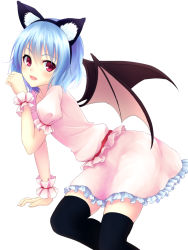 Rule 34 | 1girl, animal ears, bat wings, black thighhighs, blue hair, cat ears, fake animal ears, fang, junior27016, no headwear, open mouth, red eyes, remilia scarlet, short hair, simple background, skirt, solo, thighhighs, touhou, white background, wings, wrist cuffs