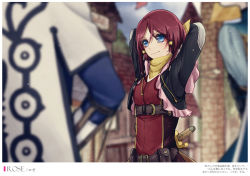 Rule 34 | 1girl, arms behind back, arms up, black jacket, blue eyes, blurry, blurry background, blush, character name, closed mouth, hair between eyes, jacket, long hair, long sleeves, mikleo (tales), monicanc, open clothes, open jacket, red hair, rose (tales), smile, solo focus, sorey (tales), tales of (series), tales of zestiria