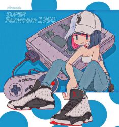 Rule 34 | 1girl, air jordan, air jordan 13, bandaid, bandaid on cheek, bandaid on face, bare arms, bare shoulders, baseball cap, blue background, blue eyes, blue hair, blue pants, breasts, cleavage, colored inner hair, commentary, controller, denim, full body, game console, game controller, hat, highres, jeans, jitome, looking at viewer, multicolored hair, nao97122, nintendo, original, pants, parted lips, pink hair, shoes, sitting, small breasts, sneakers, solo, strapless, super famicom, super famicom gamepad, tube top, two-tone hair, white hat