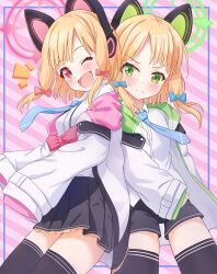 Rule 34 | 2girls, ;d, animal ear headphones, animal ears, black shorts, black skirt, black thighhighs, blonde hair, blue archive, blue bow, blue necktie, bow, cat ear headphones, commentary request, fake animal ears, green eyes, green halo, hair bow, halo, headphones, highres, itaba atsushi, jacket, long sleeves, looking at viewer, midori (blue archive), momoi (blue archive), multiple girls, necktie, one eye closed, open mouth, pink halo, red bow, red eyes, short hair, shorts, siblings, sisters, skirt, smile, thighhighs, twins, white jacket, zettai ryouiki