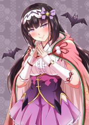 Rule 34 | 1girl, absurdres, bat (animal), black hair, blush, bow, breasts, cloak, fate/grand order, fate (series), fingerless gloves, fingers together, frilled skirt, frills, gloves, hair bow, hairband, head tilt, highres, hood, hood down, hooded cloak, large breasts, long hair, looking at viewer, origami, osakabehime (fate), poruporu, purple eyes, purple skirt, skirt, smile, solo, steepled fingers, sweatdrop, very long hair