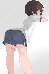 Rule 34 | 1girl, ass, bent over, brown eyes, brown hair, eyebrows, from behind, gradient background, grey background, gym uniform, highres, looking at viewer, looking back, nao (qqqbb), original, parted lips, shirt, shorts, solo, sportswear, sweat, t-shirt